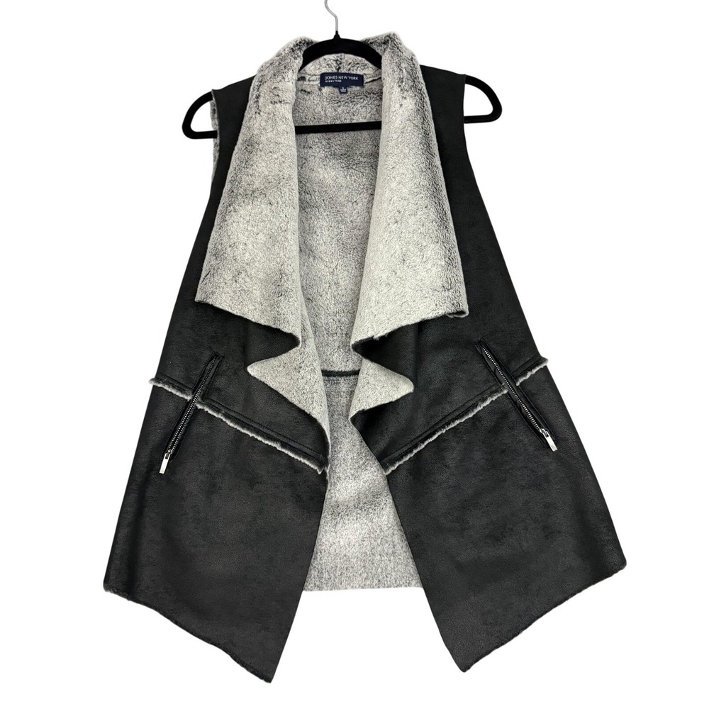 Jones New York Vest Womens Small Black Faux Suede Shearling Fur Lined Open Front